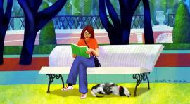 En la portada de la revista cultural, la ilustradora Irene Blanco nos sienta en el parterre del Retiro en un banco que se convierte en libro