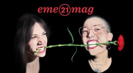 Jenni Bodi Reina y María Valero tiran con energía de un clavel rojo que simboliza Madrid en la portada de marzo de 'eme21magazine'.