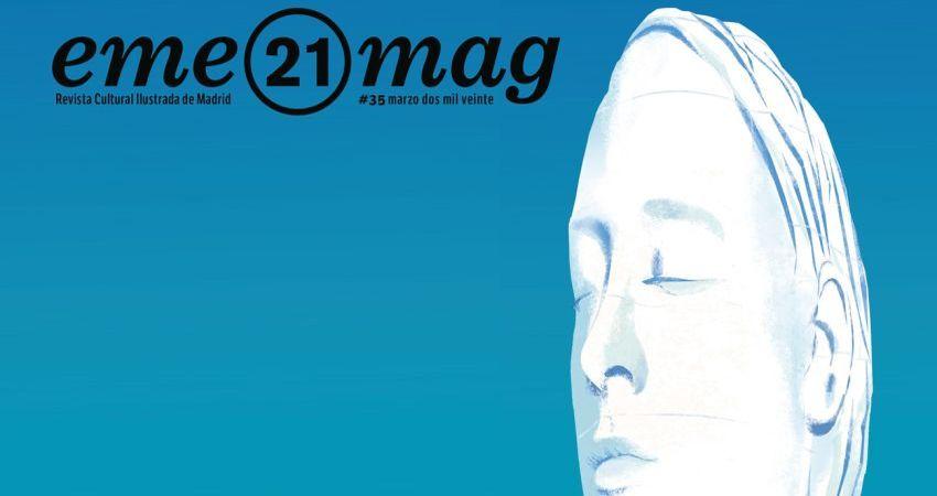 Eva Vázquz diseña la portada de eme 21 magazine de marzo de 2020 en la que Cibeles saluda a la escultura Julia. 