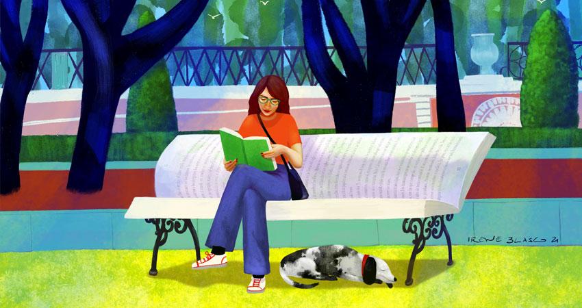 En la portada de la revista cultural, la ilustradora Irene Blanco nos sienta en el parterre del Retiro en un banco que se convierte en libro