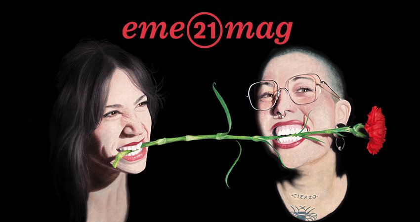 Jenni Bodi Reina y María Valero tiran con energía de un clavel rojo que simboliza Madrid en la portada de marzo de 'eme21magazine'.